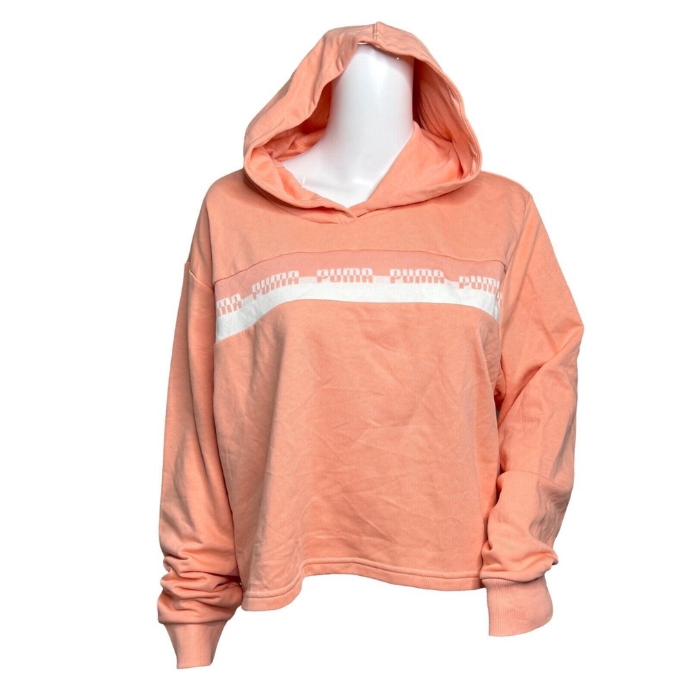 Puma Amplified Cropped Hoodie Apricot Blush Logo Relaxed Fit Pullover Sweater‎ L